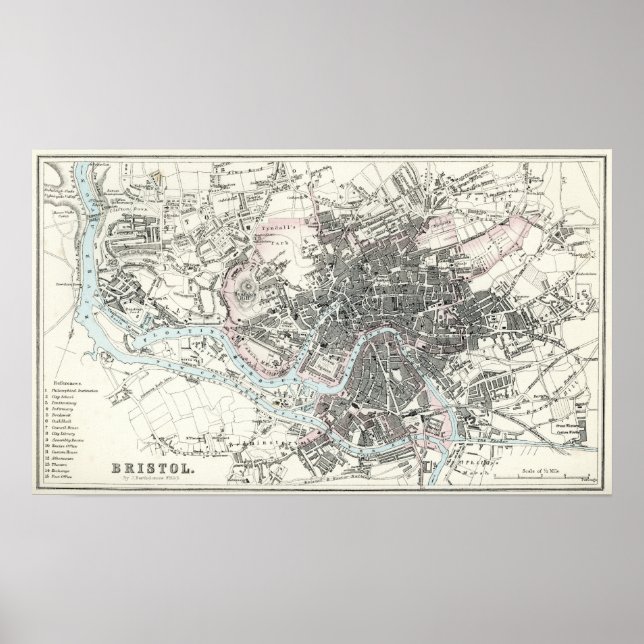Poster Carte antique du 19ème siècle de Bristol (Devant)
