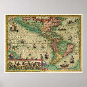Poster Carte antique du monde des Amériques, 1606