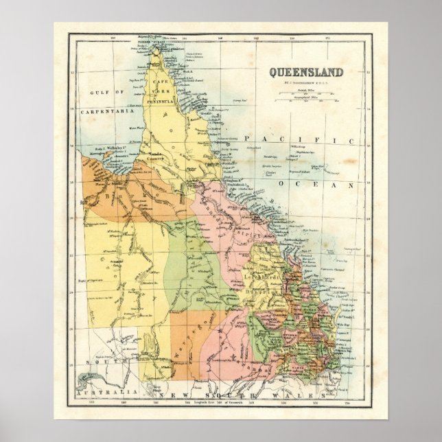 Poster Carte antique du Queensland Australie (Devant)