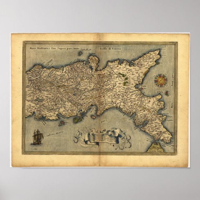 Poster Carte antique du sud de l'Italie ORTELIUS ATLAS 15 (Devant)