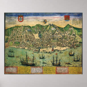 Poster Carte antique, Plan de ville de Lisbonne, Portugal