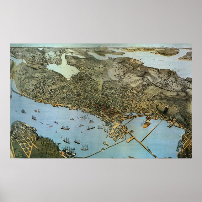 Poster Carte antique Vue aérienne Ville de Seattle Washin (Devant)