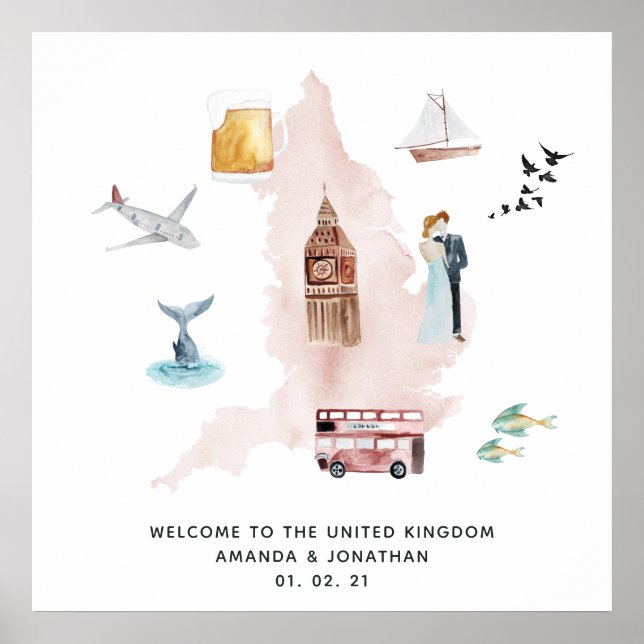 Poster Carte aquarelle du Royaume-Uni pour le mariage de  (Devant)
