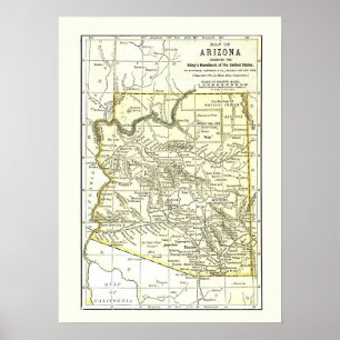 Poster Carte Arizona 1891 Villes, Rail et Réservations