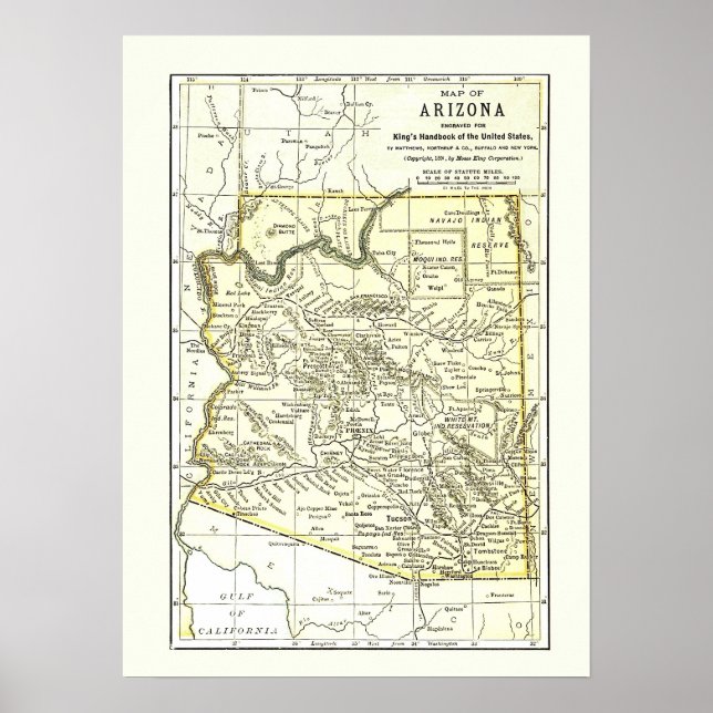 Poster Carte Arizona 1891 Villes, Rail et Réservations (Devant)