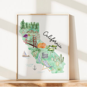 Poster Carte artistique de l'État de Californie à l'aquar