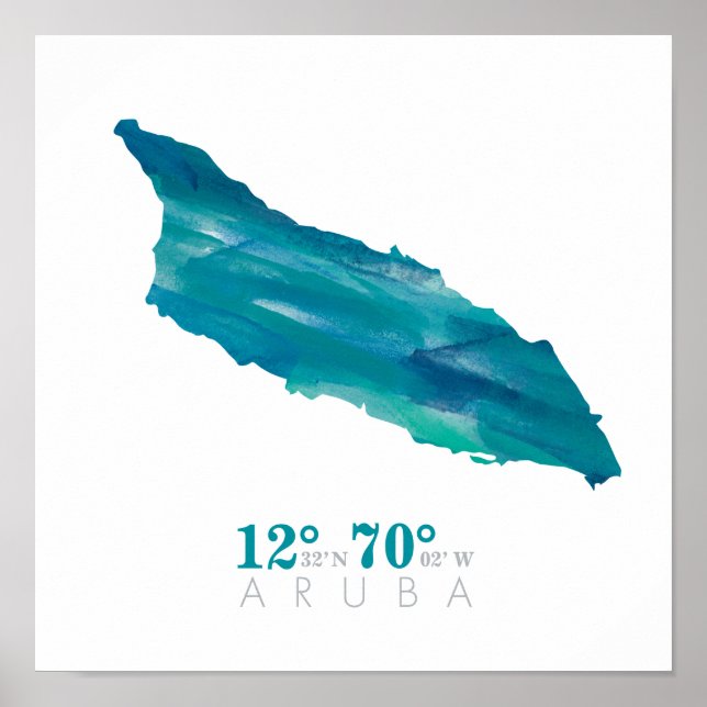 Poster Carte Aruba Coordonnées Aruba bleu Aquarelle (Devant)