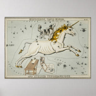 Poster Carte astronomique Unicorne vintage
