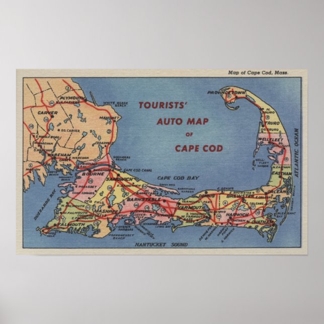 Poster Carte automobile des touristes de Cape Cod (Devant)