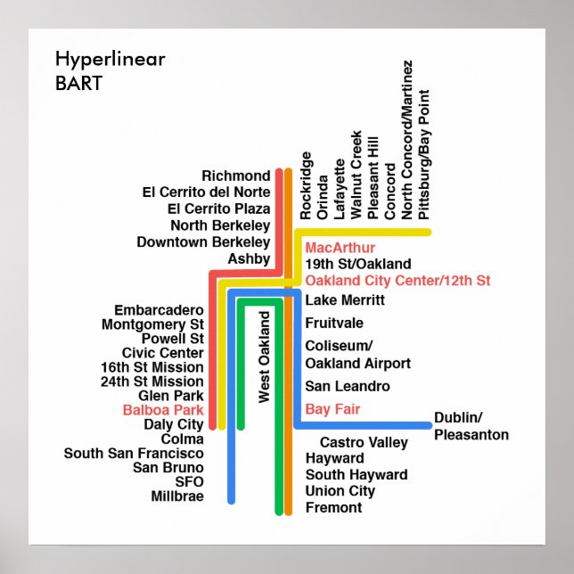 Poster Carte BART hyperlinéaire (blanche, étiquette) (Devant)