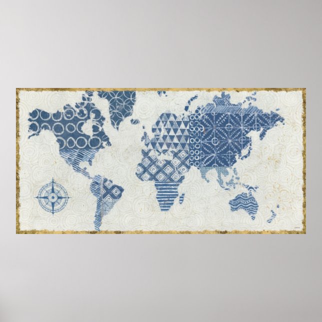 Poster Carte Batik Bleu Indigo du monde (Devant)