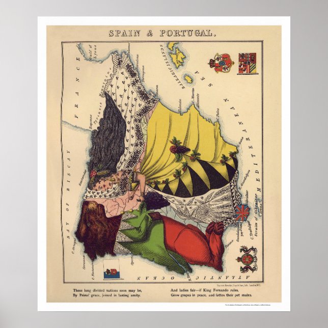 Poster Carte caricature Espagne & Portugal 1868 (Devant)