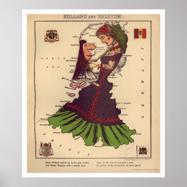 Poster Carte Caricature Hollande & Belgique 1868 (Devant)