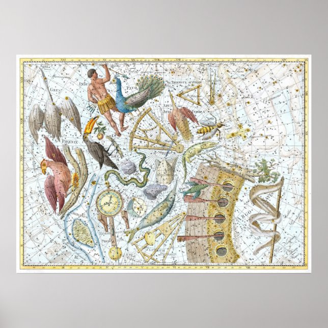 Poster Carte céleste des constellations du ciel sud vinta (Devant)