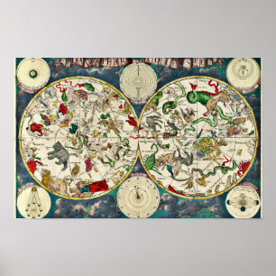 Poster Carte céleste vintage des constellations 1670