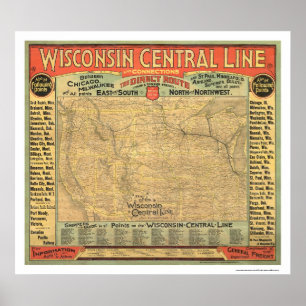 Poster Carte centrale 1882 de chemin de fer du Wisconsin