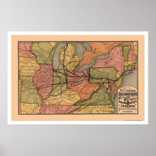 Poster Carte colorée 1874 de chemin de fer