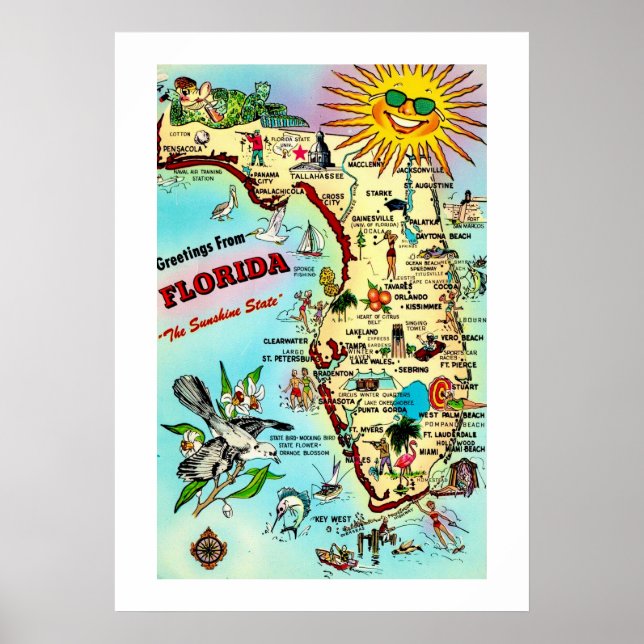 Poster Carte colorée Retro Florida 20x28 Imprimer (Devant)