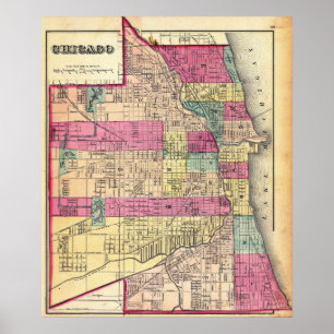 Poster Carte colorée vintage de Chicago