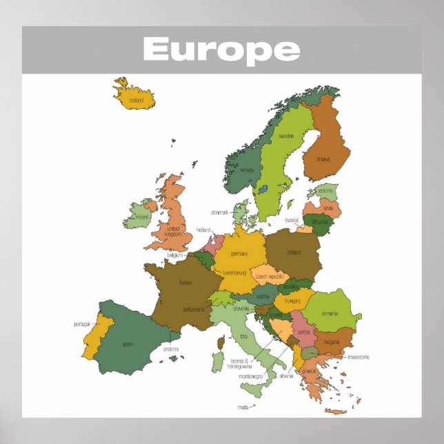 Poster Carte complète des couleurs de l'Europe (Devant)