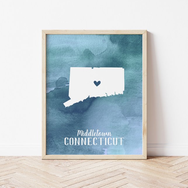 Poster Carte Connecticut Aquarelle bleue Art personnalisé (Créateur téléchargé)
