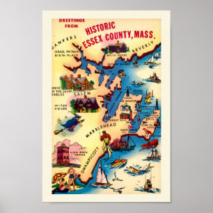 Poster Carte côtière vintage du Massachusetts