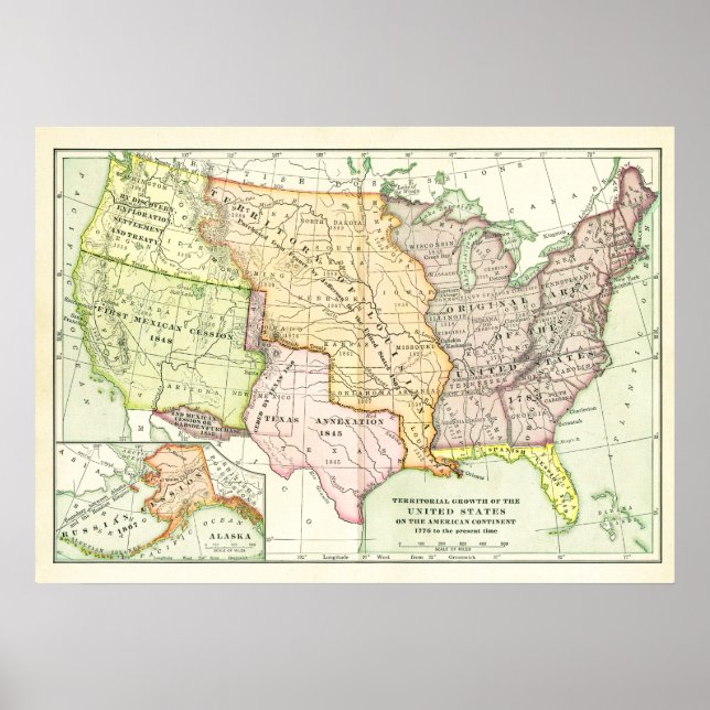 Poster Carte Croissance territoriale États-Unis Retro (Devant)