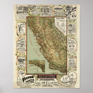Poster Carte cycliste vintage 1895 Californie