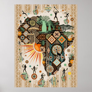 Poster Carte d'Afrique Éléments Tribaux Décoratifs Motif