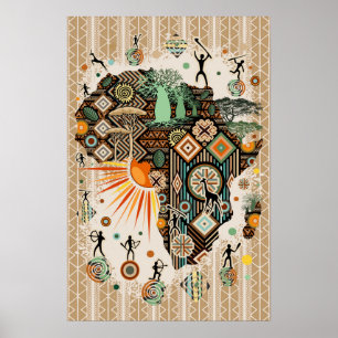 Poster Carte d'Afrique Éléments Tribaux Décoratifs Motif