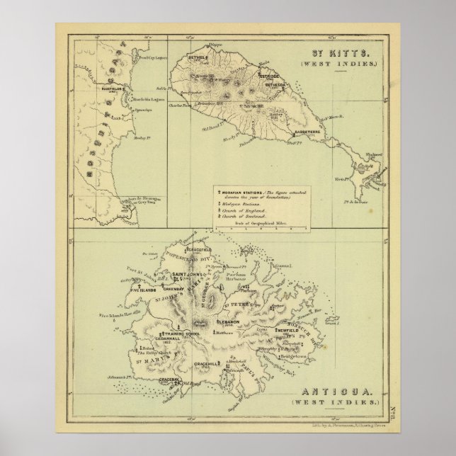 Poster Carte d'Antigua Lithographiée (Devant)