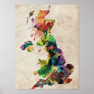 Poster Carte d'aquarelle du Royaume-Uni
