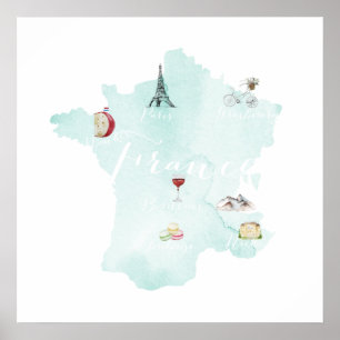 Poster Carte d'art murale illustrée France
