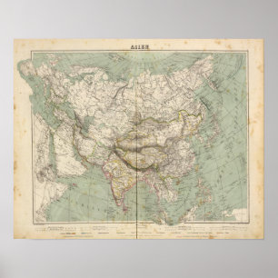 Poster Carte d'atlas de l'Asie montrant des divisions
