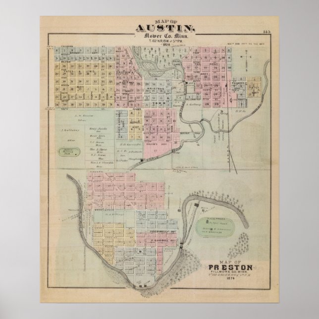 Poster Carte d'Austin, comté de Mower, Minnesota (Devant)