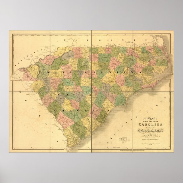 Poster Carte de 1839 Caroline du Nord et Caroline du Sud (Devant)