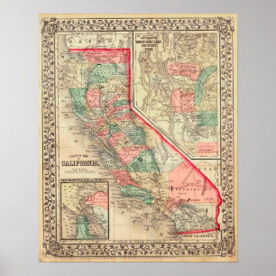 Poster Carte de 1867, Californie, Vintage