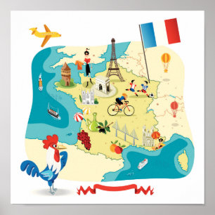Poster Carte de bande dessinée de la France