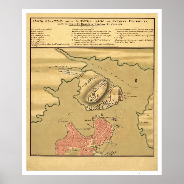 Poster Carte de bataille de Charlestown - 1775 (Devant)