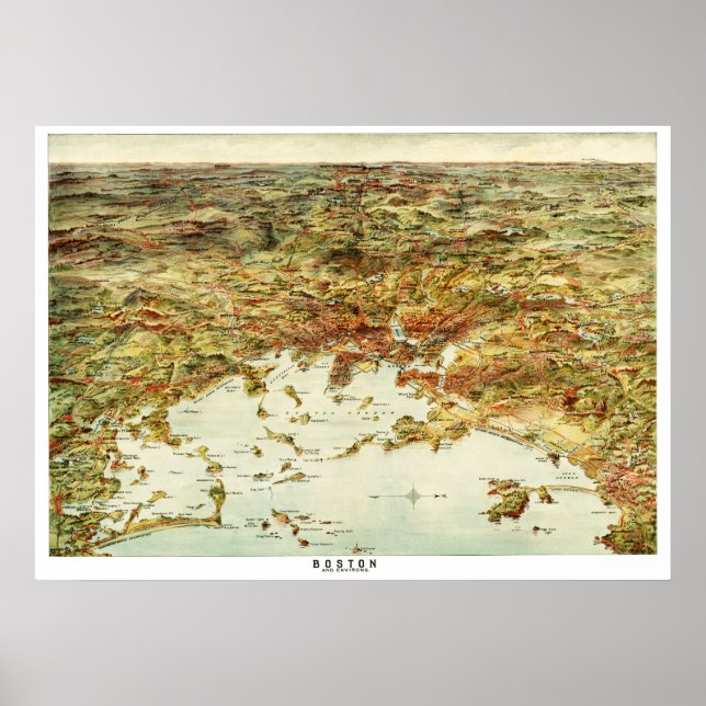 Poster Carte de Boston et des villes environnantes en 190 (Devant)
