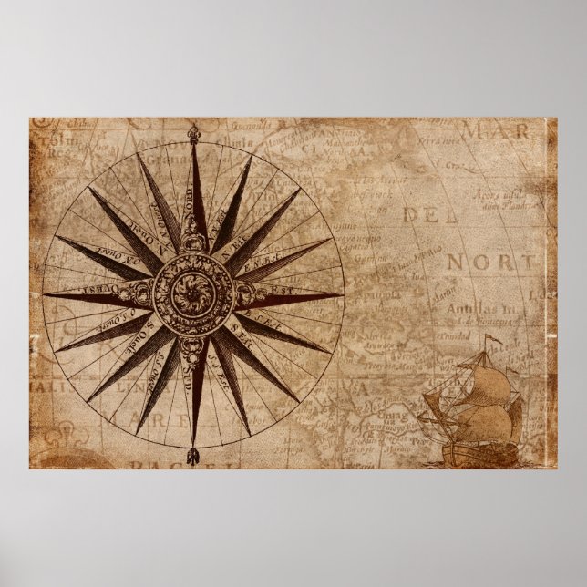 Poster Carte de boussole nautique antique (Devant)