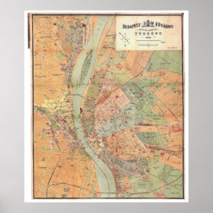 Poster Carte de Budapest Hongrie de 1884