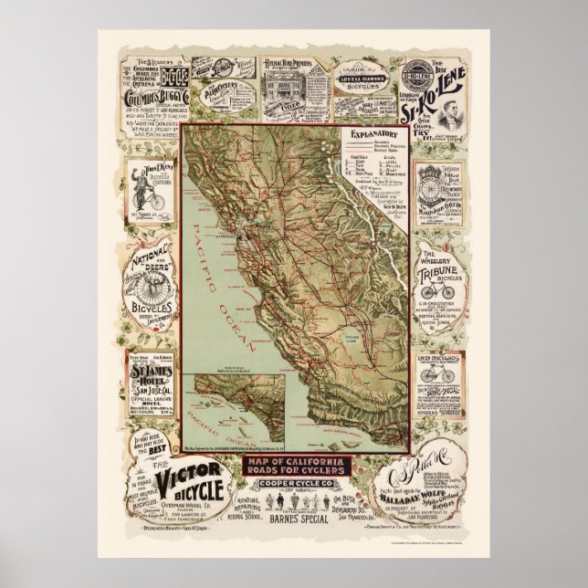Poster Carte de California Bicycle Roads - 1895 (Devant)