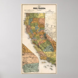 Poster Carte de Californie montrant les cantons et les ch