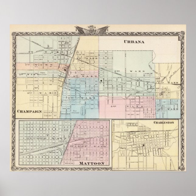 Poster Carte de Champaign, Urbana, Mattoon et Charleston (Devant)