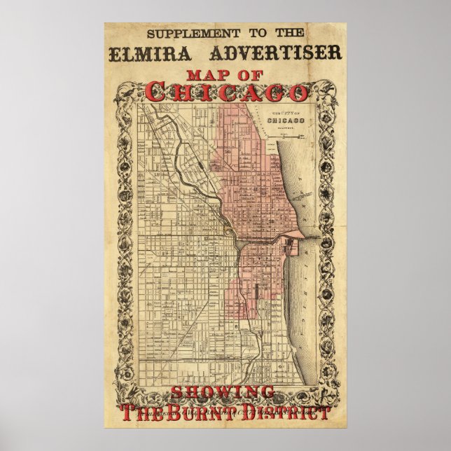 Poster Carte De Chicago Montrant Le District Brûlé (Devant)