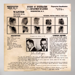 POSTER CARTE DE CLASSIFICATION D'EMPREINTE DE DILLINGER 1