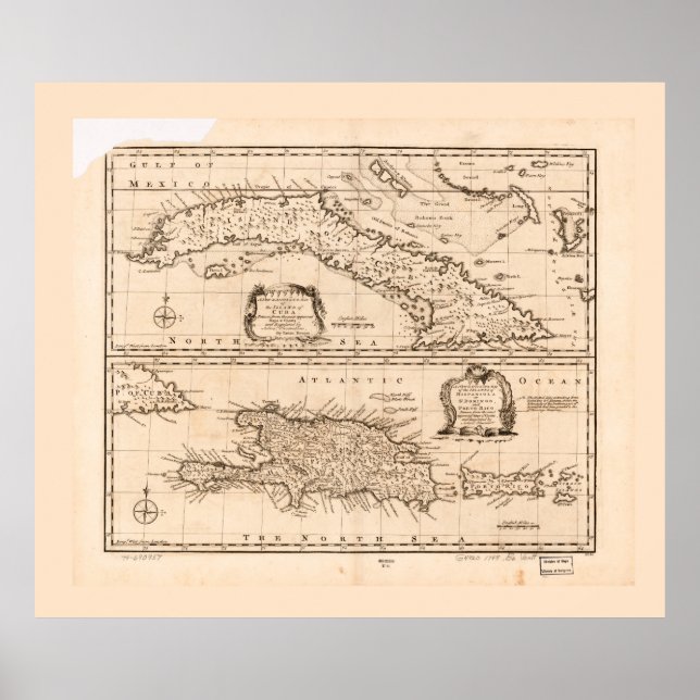 Poster Carte de Cuba et Porto Rico (1747) (Devant)