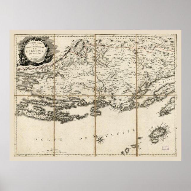 Poster Carte de Dalmatie, Croatie Côte & Îles (1780) (Devant)