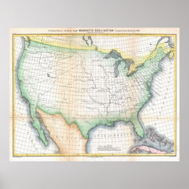 Poster Carte de déclinaison magnétique des États-Unis vin (Devant)